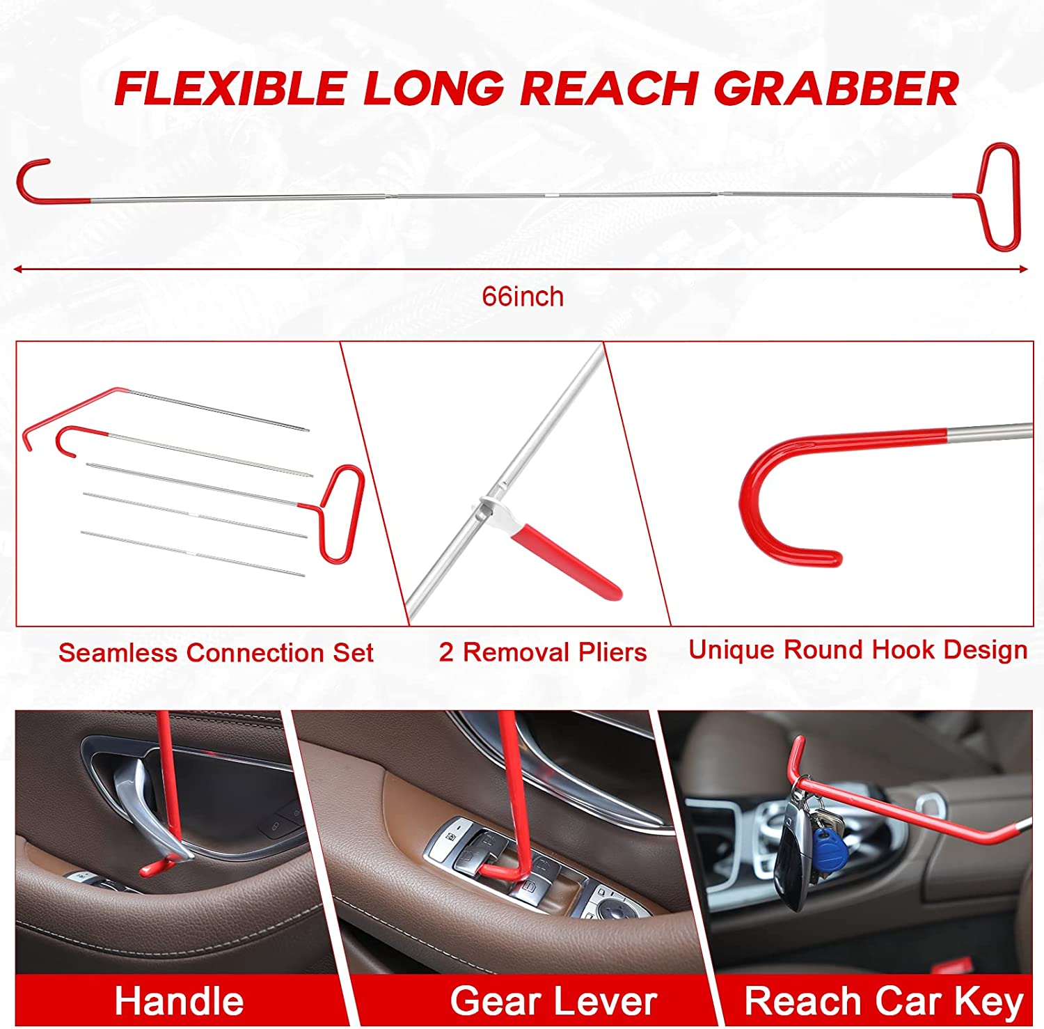 Stainless steel long distance hook tool Automotive emergency door opening tool set Oval handle Red warping piece set wedge air bag wrench combination tool